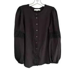 B4‎ LOFT Black Chiffon Lattice Lace Sleeve Blouse Top Size Medium